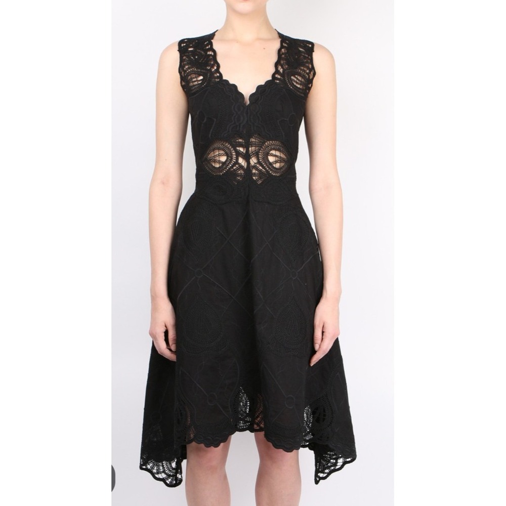 JONATHAN SIMKHAI Dress Size 2 Black Lace Eyelet Fit & Flare Hankercheif Hem
